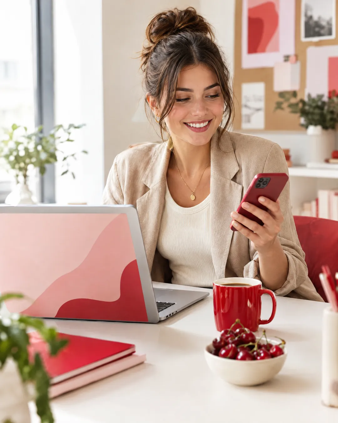 Woman scheduling social media posts from her phone