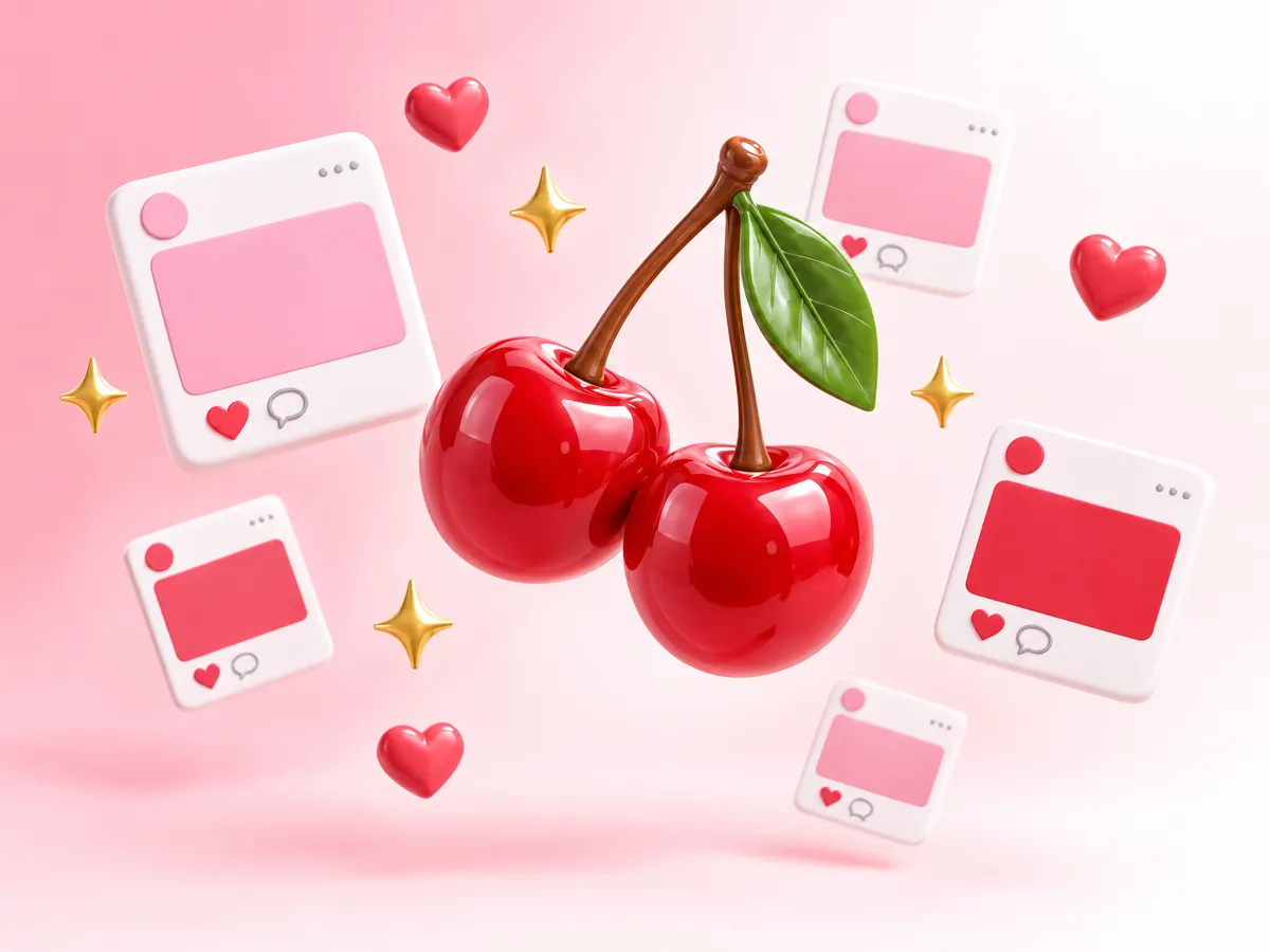 Cherries floating among social media post cards